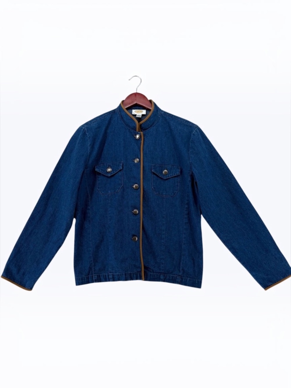 Talbots Womens Jacket Medium Blue Denim Military Faux Suede Trim Mandarin Collar